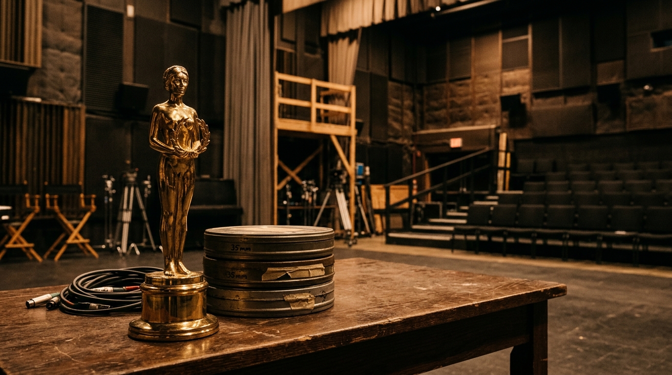 Estatuilla dorada de los Premios Ariel 2026 en un foro de cine iluminado